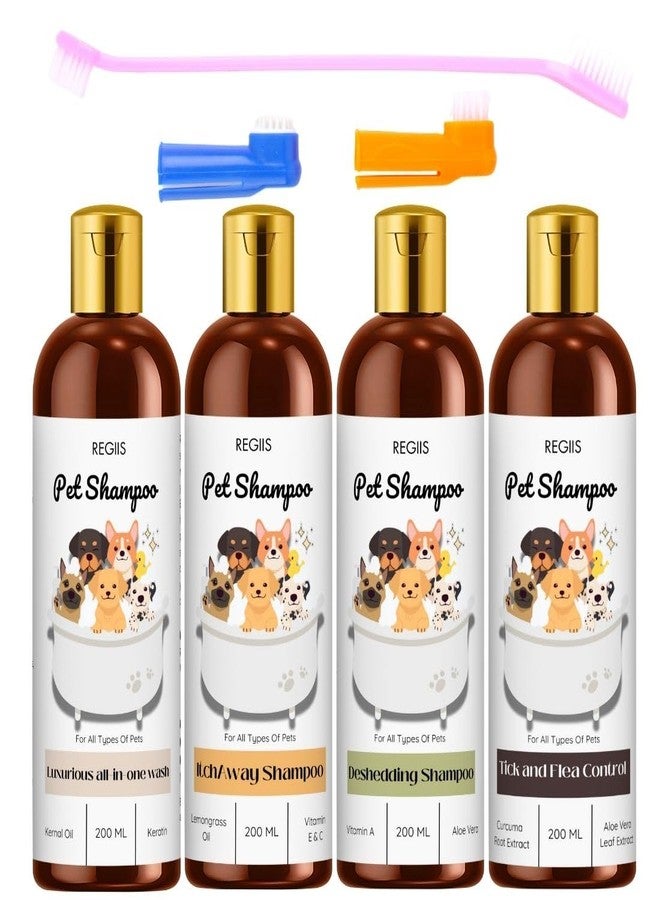REGIIS Pet Shampoo Set for All Types of Pets, 200 ML, 4-Pack with Luxurious All-in-One Wash, Itch Away, Deshedding, Tick and Flea Control Formulas, Paraben Free - Image 1